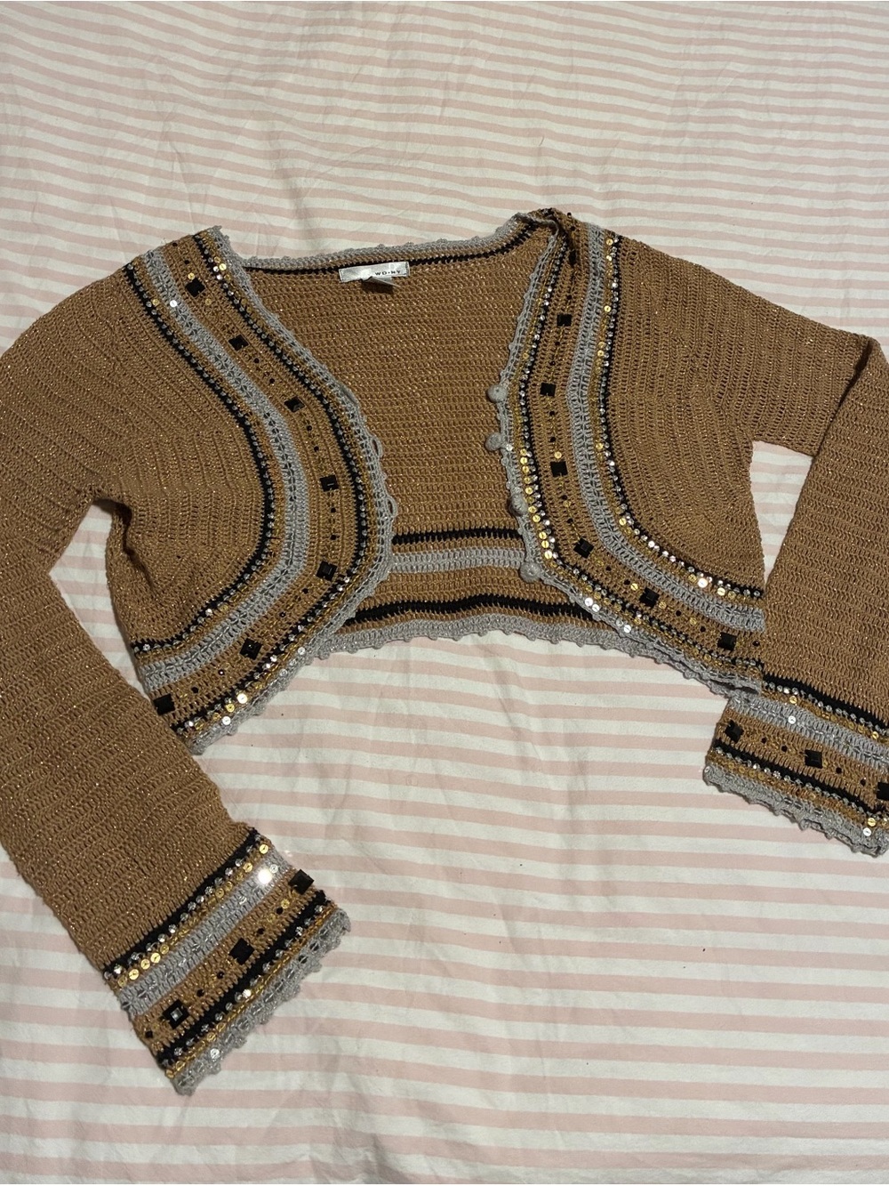 WD.NY Brown Beaded Cropped Knit Bolero with Gray Trim